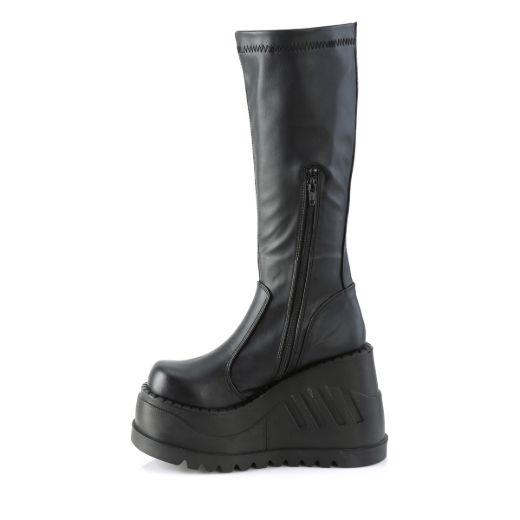 Product image of Demonia STOMP-200 Black Stretch Vegan Faux Leather 4 3/4 inch Wedge Platform Stretch Knee High Boot Back Zip