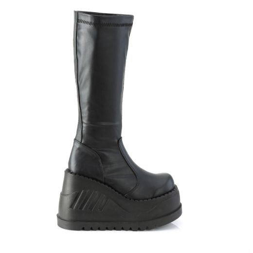 Product image of Demonia STOMP-200 Black Stretch Vegan Faux Leather 4 3/4 inch Wedge Platform Stretch Knee High Boot Back Zip