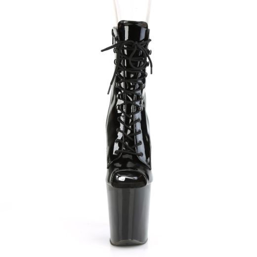 Product image of Pleaser XTREME-1021 Black Patent/Black 8 inch (20 cm) Heel 4 inch (10 cm) Platform Peep Toe Lace-Up Ankle Boot Side Zip