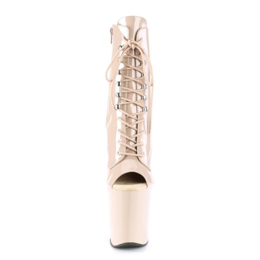Product image of Pleaser XTREME-1021 Nude Patent/Nude 8 inch (20 cm) Heel 4 inch (10 cm) Platform Peep Toe Lace-Up Ankle Boot Side Zip