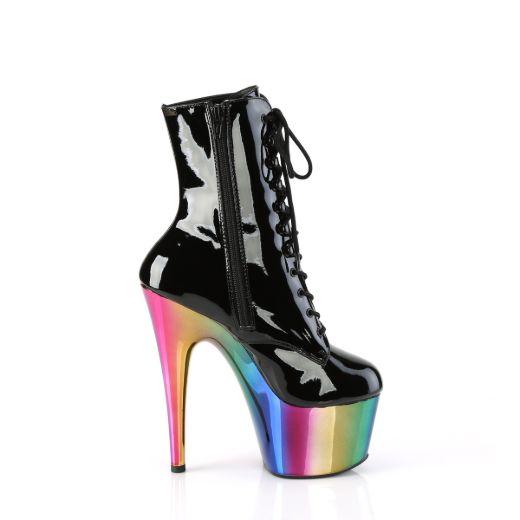Product image of Pleaser ADORE-1020RC Blk Pat/Rainbow Chrome 7 Inch Heel 2 3/4 Inch Chromed PF Lace-Up Ankle Boot Side Zip