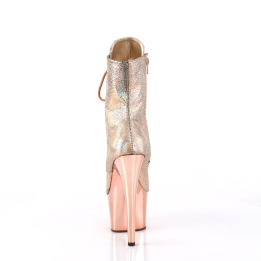 Product image of Pleaser ADORE-1020HM Rose Gold Holo Metallic Pu/Rose Gold Chrome 7 Inch Heel 2 3/4 Inch PF Lace-Up Front Ankle Boot Side ZIp
