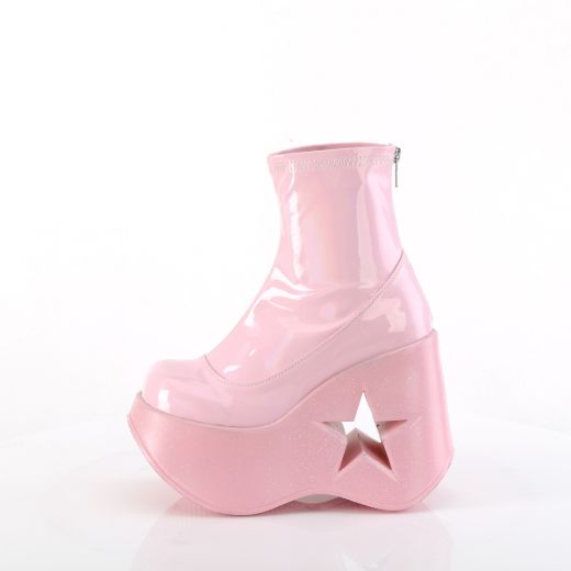 Product image of Demonia DYNAMITE-100 B. Pink Stretch Holo 5 Inch Star Cutout Platform Wedge Ankle Boot Back Zip