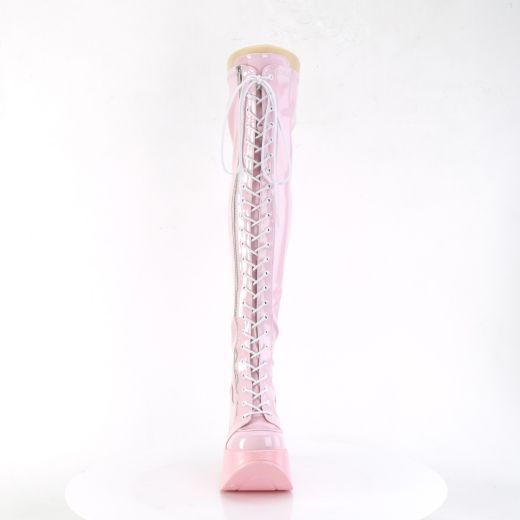Product image of Demonia DYNAMITE-300 B. Pink Stretch Holo 5 Inch Star Cutout PF Wedge Lace-Up Thigh-High BootOutside Zip