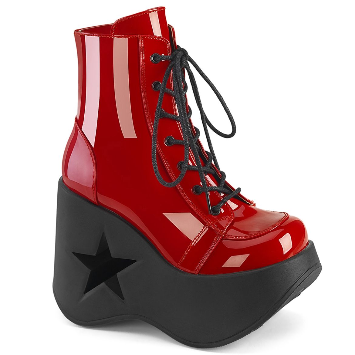 Product image of Demonia DYNAMITE-106 Red Pat 5 Inch Star Cutout PF Wedge Lace-Up Ankle Boot Inside Zip