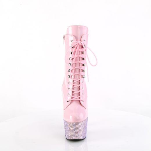 Product image of Pleaser BEJEWELED-1020-7 B. Pink Holo Pat/B. Pink AB RS 7 Inch Heel 2 3/4 Inch PF Front Lace-Up Ankle Boot w/RS Side Zip