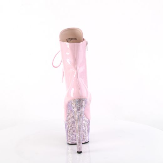 Product image of Pleaser BEJEWELED-1020-7 B. Pink Holo Pat/B. Pink AB RS 7 Inch Heel 2 3/4 Inch PF Front Lace-Up Ankle Boot w/RS Side Zip