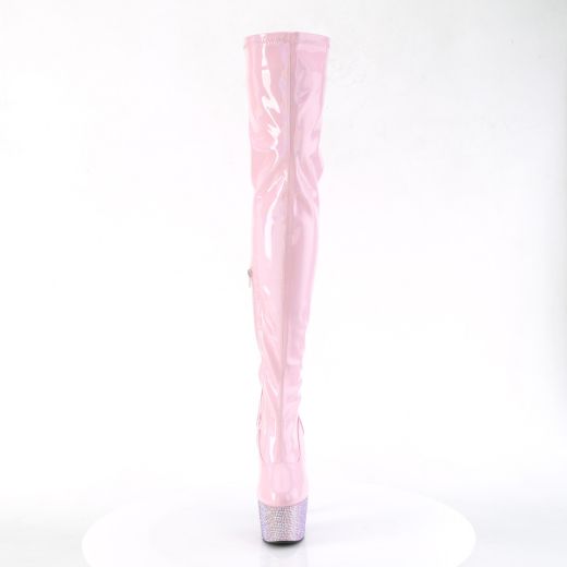 Product image of Pleaser BEJEWELED-3000-7 B. Pink Str Holo Pat/B. Pink AB RS 7 Inch Heel 2 3/4 Inch PF Stretch Thigh Boot w/RS Side Zip