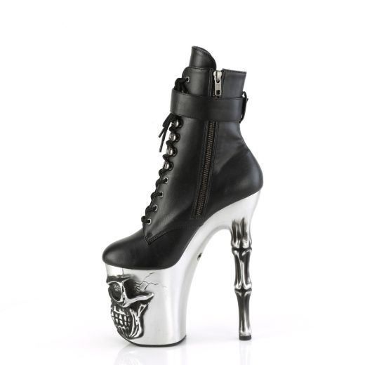 Product image of Pleaser RAPTURE-1020STR-LT Blk Faux Leather/Slv Matte-Rubbed Blk 8 Inch Finger Bone Heel 4 Inch Skull PF LED Ankle Boot Side Zip