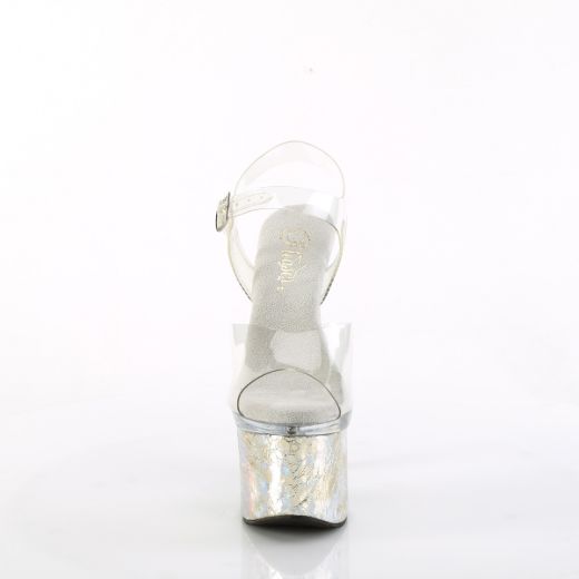 Product image of Pleaser ESTEEM-708CK Clr/Clr-Slv Holo Crackle 7 Inch Heel 3 Inch PF Ankle Strap Sandal