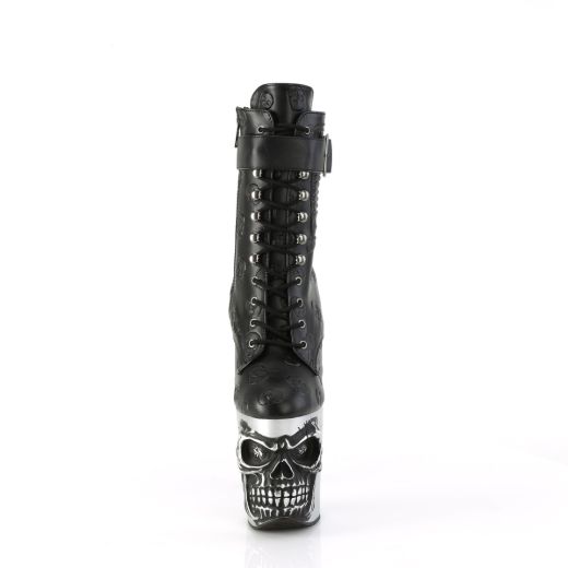 Product image of Pleaser RAPTURE-1020STR-02 Blk Faux Leather/Slv Matte-Rubbed Blk 8 Inch Finger Bone Heel 4 Inch Skull PF Ankle Boot Inside Zip