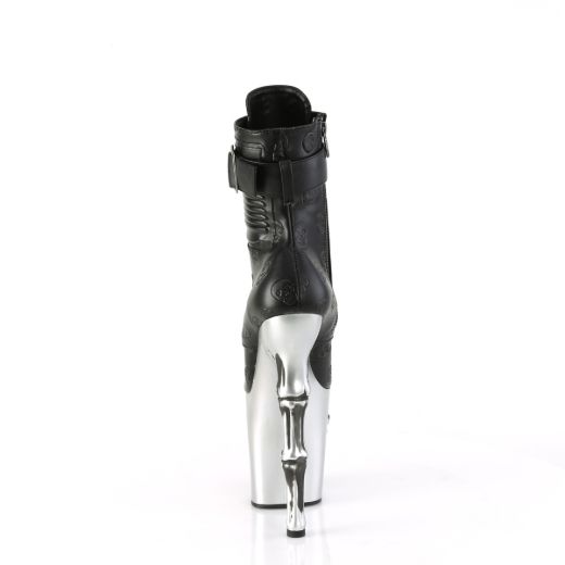 Product image of Pleaser RAPTURE-1020STR-02 Blk Faux Leather/Slv Matte-Rubbed Blk 8 Inch Finger Bone Heel 4 Inch Skull PF Ankle Boot Inside Zip