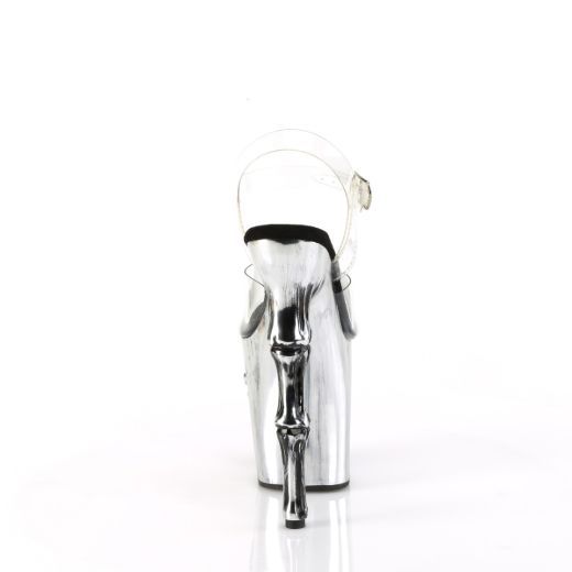 Product image of Pleaser RAPTURE-808-LT Clr/Satin Pewter Chrome 8 Inch Finger Bone Heel 4 Inch Skull PF LED Ankle Strap Sandal