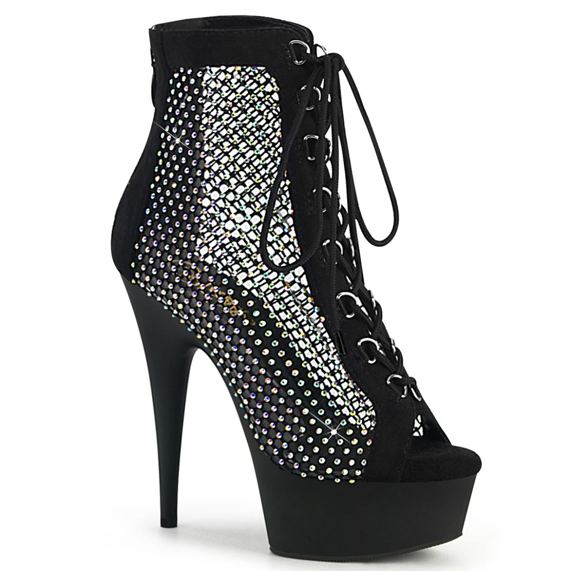 Product image of Pleaser DELIGHT-600-33RM Blk Faux Suede-RS Mesh/Blk Matte 6 Inch Heel 1 3/4 Inch PF Lace-Up Peep Toe Ankle Boot Back Zip