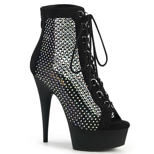 Product image of Pleaser DELIGHT-600-33RM Blk Faux Suede-RS Mesh/Blk Matte 6 Inch Heel 1 3/4 Inch PF Lace-Up Peep Toe Ankle Boot Back Zip
