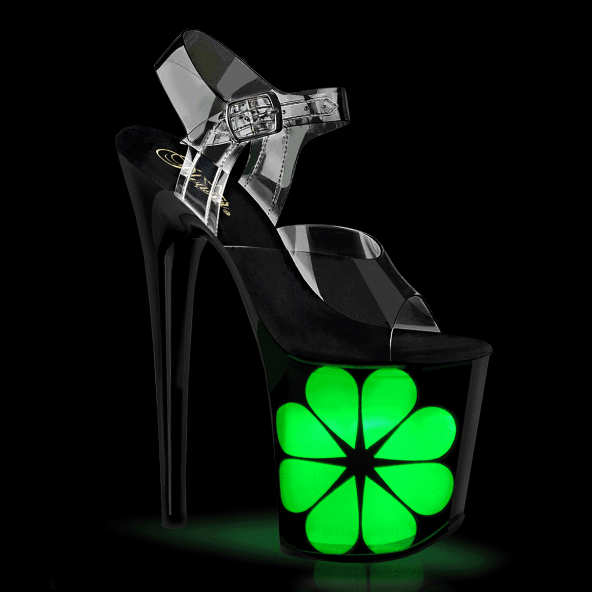 Product image of Pleaser FLAMINGO-808NLHS Clr/Blk-Multi 8 Inch Heel 4 Inch PF LED Illuminated Ankle Strap Sandal