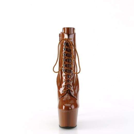 Product image of Pleaser ADORE-1020 Caramel Pat/Caramel 7 Inch Heel 2 3/4 Inch PF Lace-Front Ankle Boot Side Zip