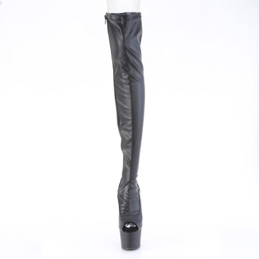 Product image of Pleaser ADORE-3011 Blk Str. Faux Leather/Blk Matte 7 Inch Heel 2 3/4 Inch PF Peep Toe Thigh High Boot Side Zip