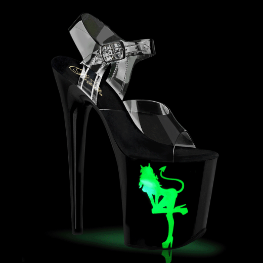 Product image of Pleaser FLAMINGO-808NLDG Clr/Blk-Multi 8 Inch Heel 4 Inch PF LED Illuminated Ankle Strap Sandal
