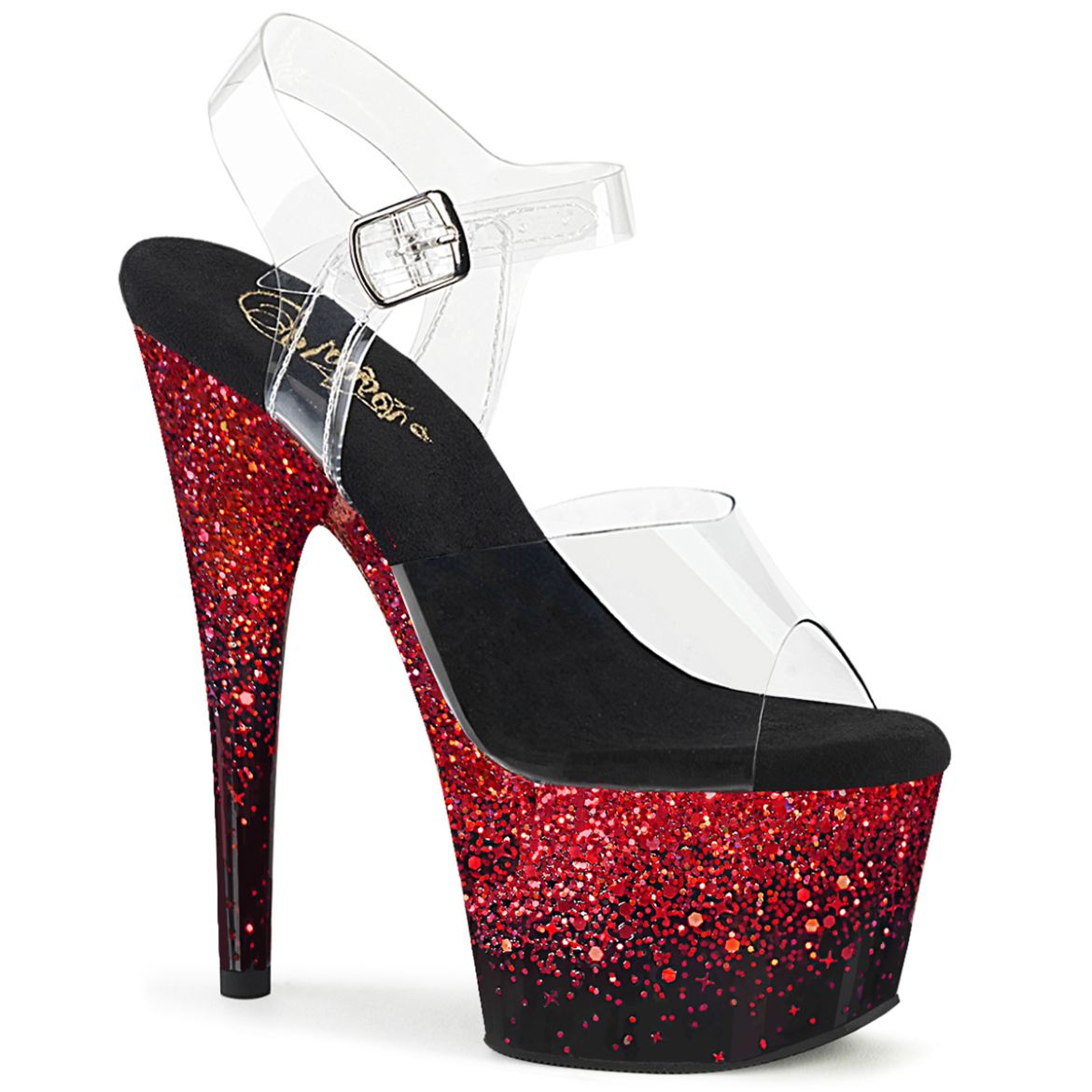 Product image of Pleaser ADORE-708SS Clr/Blk-Red Glitter 7 Inch Heel 2 3/4 Inch PF Ankle Strap Sandal