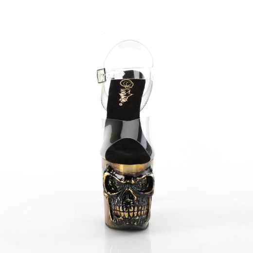 Product image of Pleaser RAPTURE-808-LT Clr/Satin Copper Chrome 8 Inch Finger Bone Heel 4 Inch Skull PF LED Ankle Strap Sandal