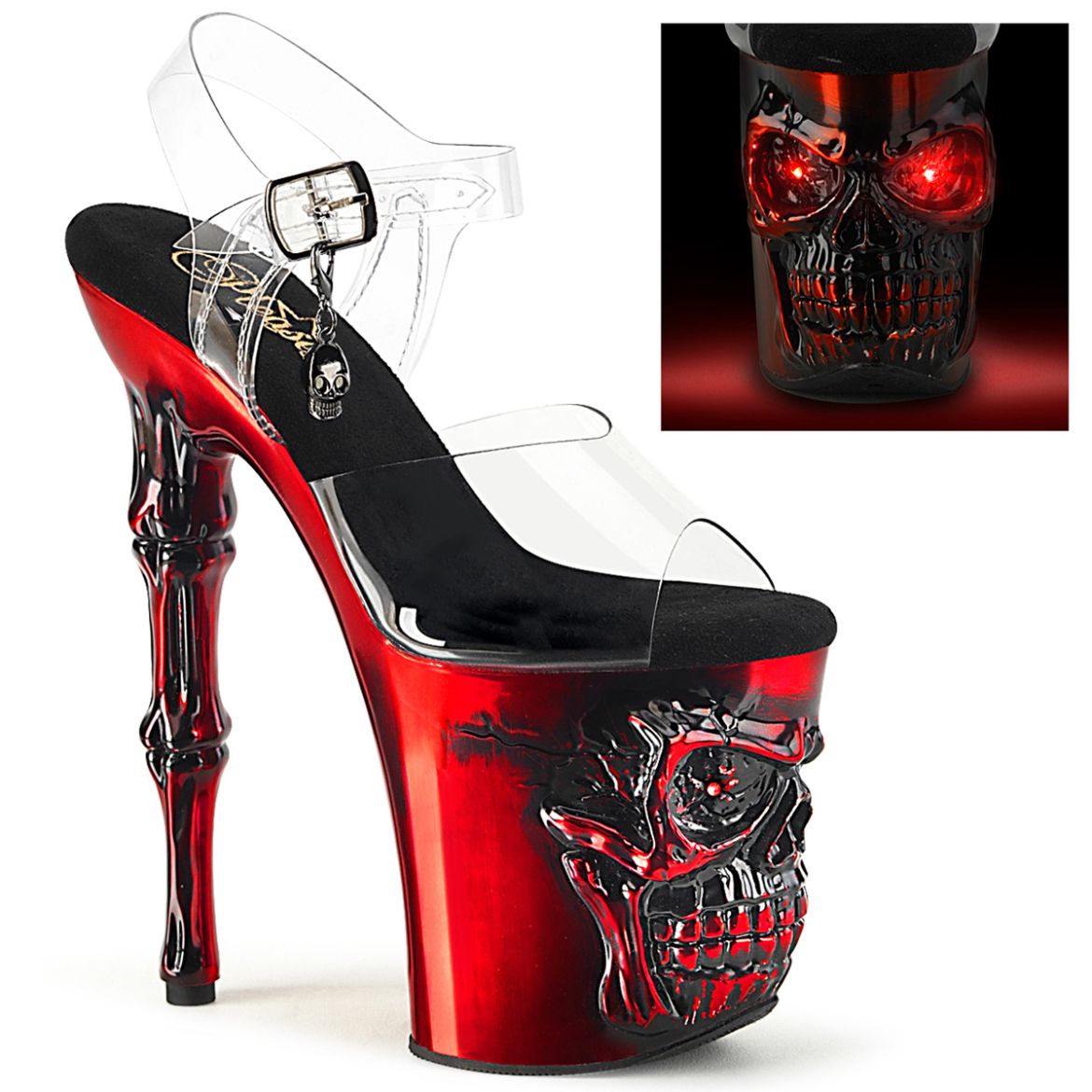 Product image of Pleaser RAPTURE-808-LT Clr/Satin Red Chrome 8 Inch Finger Bone Heel 4 Inch Skull PF LED Ankle Strap Sandal