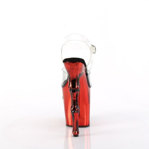 Product image of Pleaser RAPTURE-808-LT Clr/Satin Red Chrome 8 Inch Finger Bone Heel 4 Inch Skull PF LED Ankle Strap Sandal