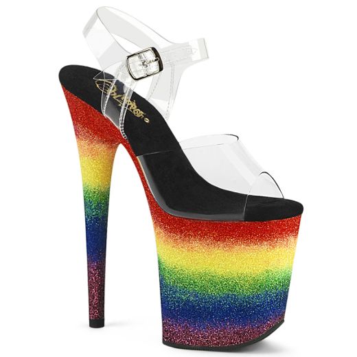 Product image of Pleaser FLAMINGO-808RG-04 Clr/Rainbow Glitter 8 Inch Heel 4 Inch PF Ankle Strap Sandal w/Gliiter Bottom