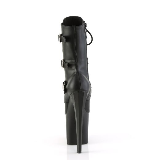 Product image of Pleaser ENCHANT-1043 Blk Faux Le/Blk Matte 7 1/2 Inch Heel 3 1/2 Inch PF Buckled Strap Ankle Boot Side Zip