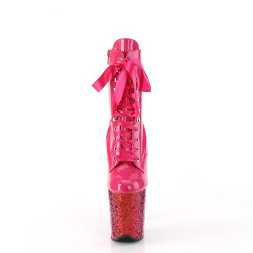 Product image of Pleaser FLAMINGO-1020HG H. Pink Holo Pat/Rainbow Glitter 8 Inch Heel 4 Inch PF Lace-Up Front Ankle Boot Side Zip