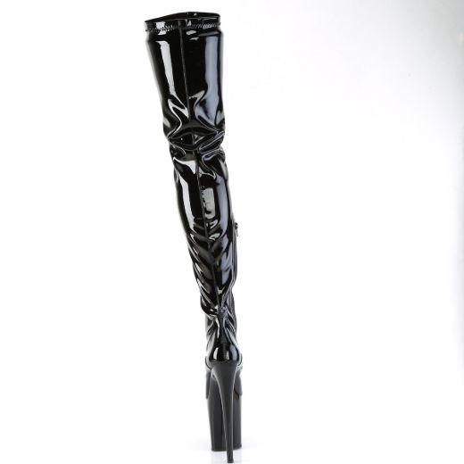Product image of Pleaser FLAMINGO-4000 Blk Str. Pat/Blk 8 Inch Heel 4 Inch PF Stretch Crotch Boot Side Zip