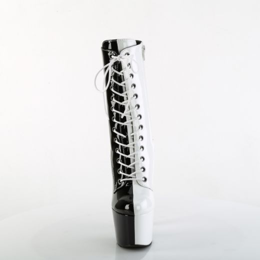 Product image of Pleaser ADORE-1040TT Blk-Wht Pat/Blk-Wht 7 Inch Heel 2 3/4 Inch PF Two Tone Lace-Up Ankle Boot Side Zip