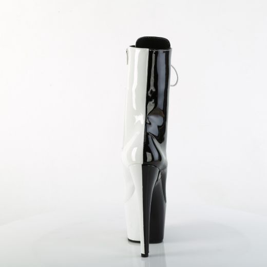 Product image of Pleaser ADORE-1040TT Blk-Wht Pat/Blk-Wht 7 Inch Heel 2 3/4 Inch PF Two Tone Lace-Up Ankle Boot Side Zip