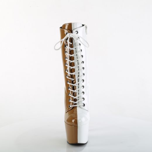 Product image of Pleaser ADORE-1040TT Taupe-Wht Pat/Taupe-Wht 7 Inch Heel 2 3/4 Inch PF Two Tone Lace-Up Ankle Boot Side Zip
