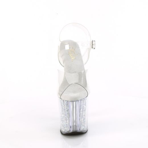 Product image of Pleaser ENCHANT-708RSI Clr/Clr-Slv AB RS 7 1/2 Inch Heel 3 1/2 Inch PF Ankle Strap Sandal w/RS Inserts