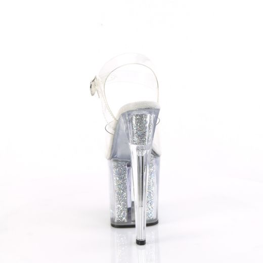 Product image of Pleaser ENCHANT-708RSI Clr/Clr-Slv AB RS 7 1/2 Inch Heel 3 1/2 Inch PF Ankle Strap Sandal w/RS Inserts