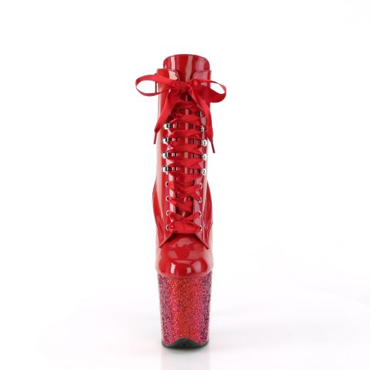 Product image of Pleaser FLAMINGO-1020HG Red Holo Pat/Rainbow Glitter 8 Inch Heel 4 Inch PF Lace-Up Front Ankle Boot Side Zip