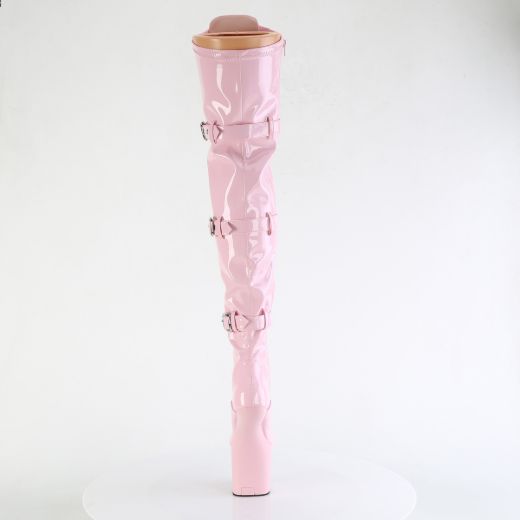 Product image of Pleaser CRAZE-3028 B. Pink Str. Pat/B. Pink 8 Inch Heelless 3 Inch PF Lace-Up Front Thigh Boot Side Zip