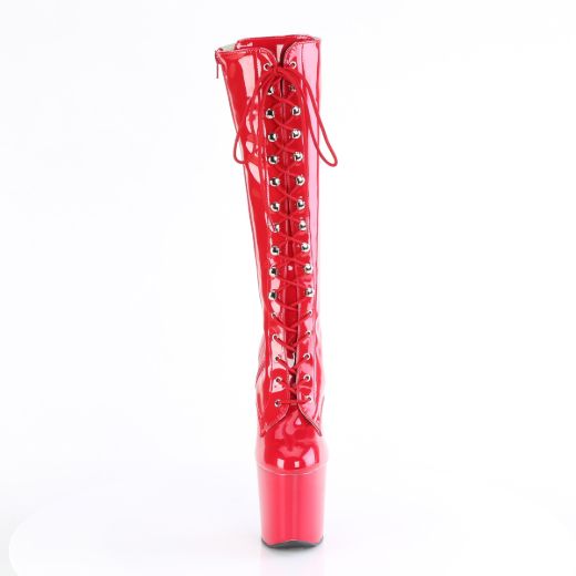 Product image of Pleaser CRAZE-2023 Red Str. Pat/Red 8 Inch Heelless 3 Inch PF Lace-Up Stretch Knee Boot Side Zip