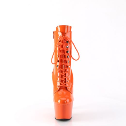 Product image of Pleaser ADORE-1020 Orange Pat/Orange 7 Inch Heel 2 3/4 Inch PF Lace-Front Ankle Boot Side Zip