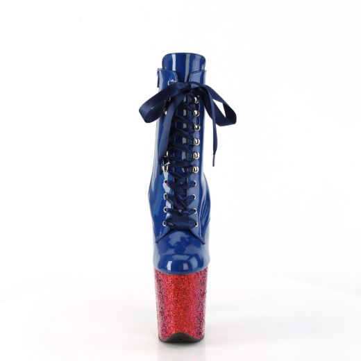 Product image of Pleaser FLAMINGO-1020HG Royal Blue Holo Pat/Rainbow Glitter 8 Inch Heel 4 Inch PF Lace-Up Front Ankle Boot Side Zip