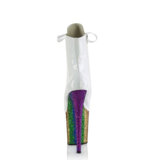 Product image of Pleaser FLAMINGO-1020HG Wht Holo Pat/Rainbow Glitter 8 Inch Heel 4 Inch PF Lace-Up Front Ankle Boot Side Zip