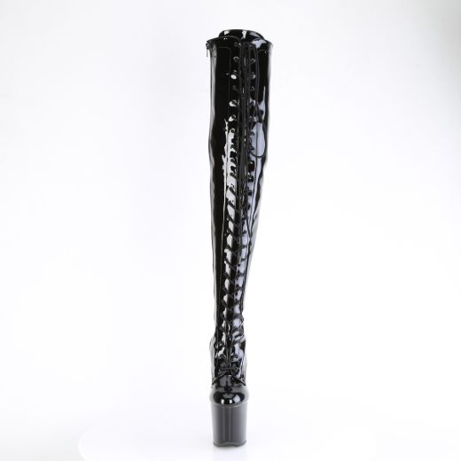 Product image of Pleaser CRAZE-3023 Blk Pat/Blk 8 Inch Heelless 3 Inch PF Lace-Up Stretch Thigh Boot Side Zip