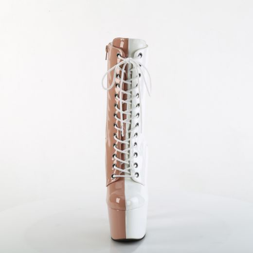Product image of Pleaser ADORE-1040TT Blush-Wht Pat/Blush-Wht 7 Inch Heel 2 3/4 Inch PF Two Tone Lace-Up Ankle Boot Side Zip