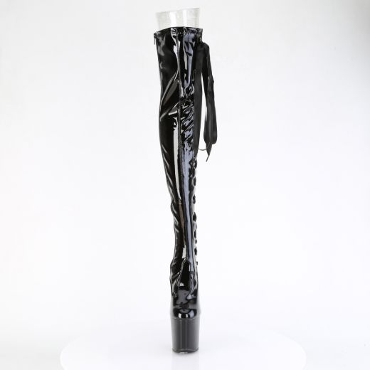 Product image of Pleaser CRAZE-3050 Blk Str. Pat/Blk 8 Inch Heelless 3 Inch PF Thigh  Boot w/Side Ribbon Lace Side Zip