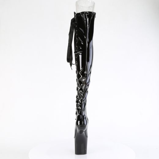 Product image of Pleaser CRAZE-3050 Blk Str. Pat/Blk 8 Inch Heelless 3 Inch PF Thigh  Boot w/Side Ribbon Lace Side Zip