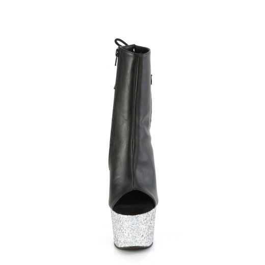 Product image of Pleaser ADORE-1018LG Blk Faux Leather/Slv Multi Glitter 7 Inch Heel 2 3/4 Inch PF Open Toe/Heel Ankle Boot Side Zip