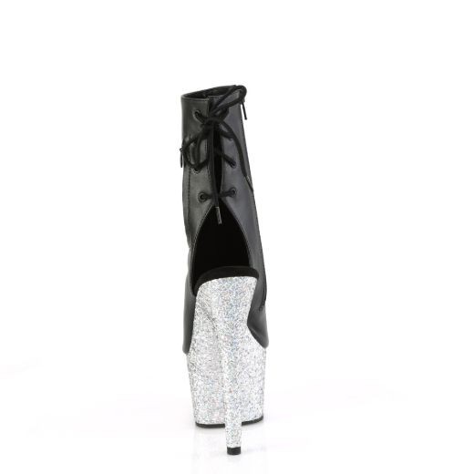 Product image of Pleaser ADORE-1018LG Blk Faux Leather/Slv Multi Glitter 7 Inch Heel 2 3/4 Inch PF Open Toe/Heel Ankle Boot Side Zip