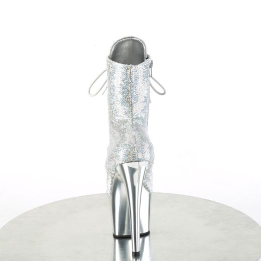 Product image of Pleaser ADORE-1020SQ-02 Slv Holo Sequins/Slv Chrome 7 Inch Heel 2 3/4 Inch PF Lace-Up Sequins Ankle Boot Side Zip