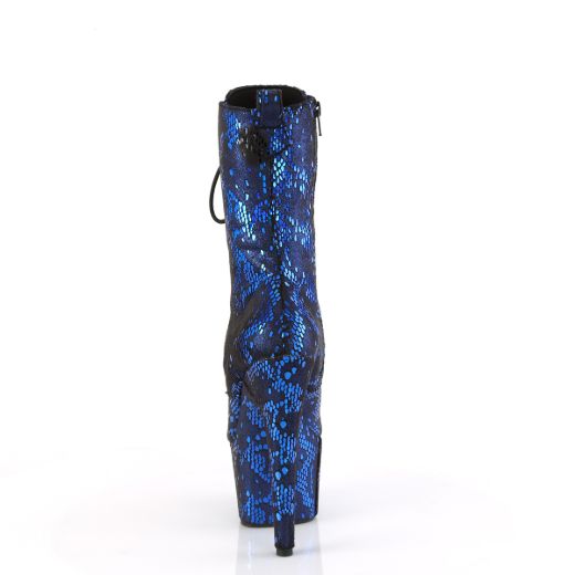 Product image of Pleaser ADORE-1040SPF Blue Metallic Snake Print Fabric/M 7 Inch Heel 2 3/4 Inch PF Lace-Up Front Ankle Boot Side Zip